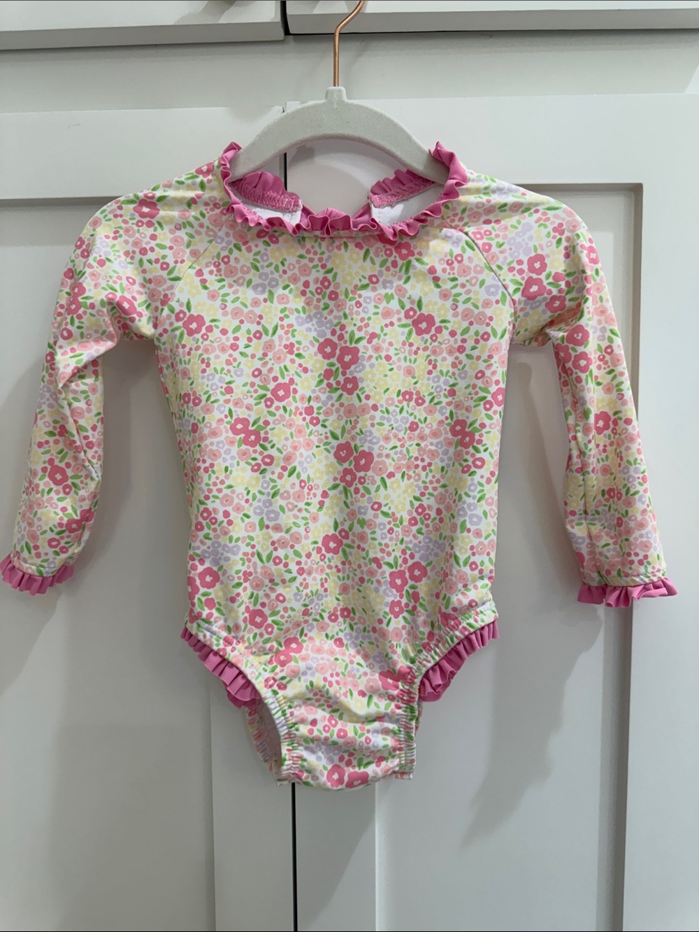James & Lottie Girls Leighton Rash Guard Swimsuit-Pink Fuchsia Floral 18M NWOT